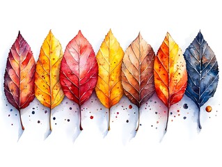 Wall Mural - Vibrant Autumn Leaves with Watercolor Splatter Effect on White Background