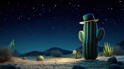 a whimsical cactus wearing a hat under a starry night sky in a desert landscape.