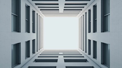 Wall Mural - a captivating view looking up into a modern building, showcasing symmetrical architecture and a clea