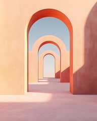 Wall Mural - A serene architectural scene featuring multiple arches in warm colors, set against a clear sky, creating a tranquil depth and perspective.