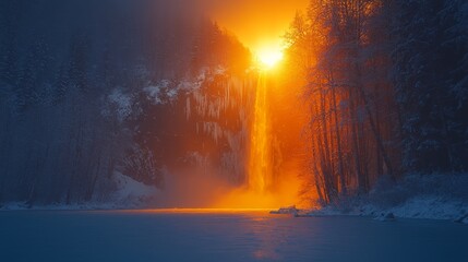 Wall Mural - Frozen waterfall at sunset, glowing orange light illuminating snowy landscape and icy lake.