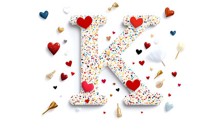 Colorful letter K surrounded by hearts and decorative elements, conveying love and joy