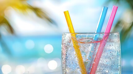 Refreshing iced drink with colorful straws on a tropical beach.