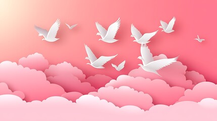 Canvas Print - Paper art of white birds flying above pink clouds at sunset.