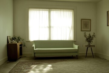 Wall Mural - Light-filled room with vintage sofa, window, and plants.