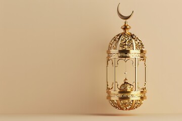 Wall Mural - Golden lantern and a crescent moon for Eid Mubarak and Ramadan Kareem on a beige background, with copy space for text