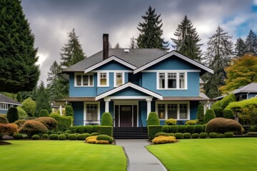 Sticker - Grey house with blue trim architecture building outdoors.