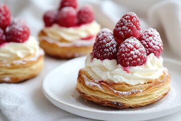 Wall Mural - Delicious puff pastries decorated with whipped cream and fresh raspberries