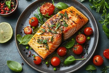 Wall Mural - Grilled salmon fillet with cherry tomatoes, basil, and green peas on dark plate