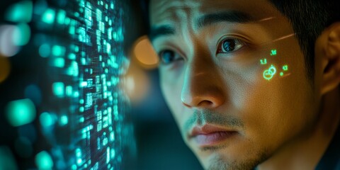 Fototapete - Korean Man Analyzing Digital Energy Grid in Futuristic Eco-Innovation Setting