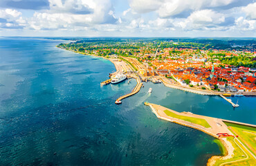 Wall Mural - Helsingor, Denmark. Watercolor illustration. Pier and ferry. Oresund Strait. Panorama in summer. Aerial view