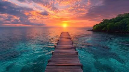 Wall Mural - tranquil tropical sunset over wooden pier leading to idyllic island in crystal clear waters