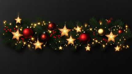 Wall Mural - Realistic vector Christmas garland featuring golden stars, vibrant red baubles, and glowing lights, arranged on a transparent background