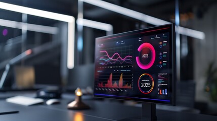 Wall Mural - dynamic sales dashboard featuring vibrant bar charts, pie graphs, and trend lines in a modern digita