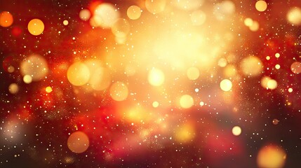 Wall Mural - Soft-focus golden dust sparkles with glowing yellow bokeh lights and warm red-orange hues, forming a luxurious abstract holiday vector background