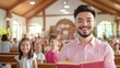 © Thipphaphone - Serene Christian Worship Interior with Congregants Gathered at Altar for Religious Service in Illuminated Church Sanctuary