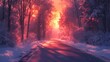 © Nikita - Soft blurred bokeh lights twinkling gently above a quiet forest road covered in snow evoking a tranquil seasonal holiday ambiance