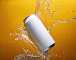 © FebynaBalqis - White soda can mockup photo splash of water product photo yellow backdrop floating in the air