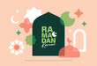 © littleWhale - Ramadan Kareem banner, poster, greeting card, cover design with mosque, crescent moon, stars and typography in flat geometric style.