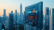 © ng - Futuristic city skyline with digital data visualization overlay.