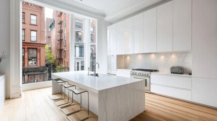 Canvas Print - Modern white kitchen with large windows and city view.