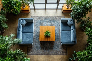 Wall Mural - Overhead view of a modern living room with two blue sofas, a coffee table, and lush greenery.