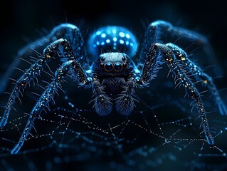 Intricate Neon Spider Web with Glowing Blue Spider on Black Background