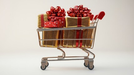 Wall Mural - Shopping cart filled with gold and red wrapped gifts, bows.