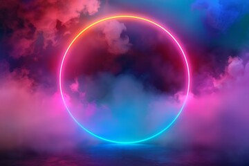 Colorful neon ring in a foggy background, clouds illuminated in bright colors, creating an abstract design for wallpapers.