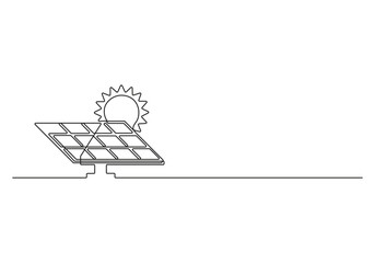 One continuous line drawing of Solar panel with sun green energy and renewable resources in simple linear style Power station and save ecology concept vector illustration 