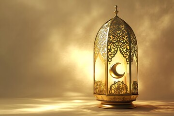 Wall Mural - Golden lantern and a crescent moon for Eid Mubarak and Ramadan Kareem on a beige background, with copy space for text