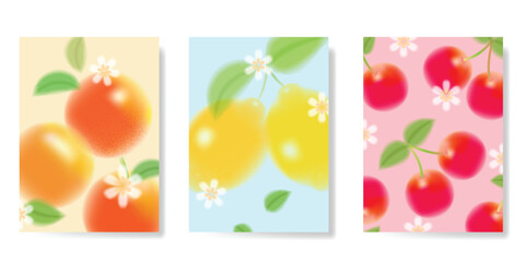 Abstract colorful gradient fruit and flower card background set. Minimalist poster with flower, lemon, cherry, orange. Modern summer and spring wallpaper design for home decoration, banner, ads.