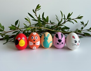 Colorful hand-painted Easter eggs displayed with decorative greenery on a tabletop