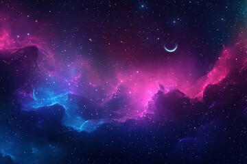 Wall Mural - Colorful cosmic scene with vibrant nebula and crescent moon during a peaceful night sky
