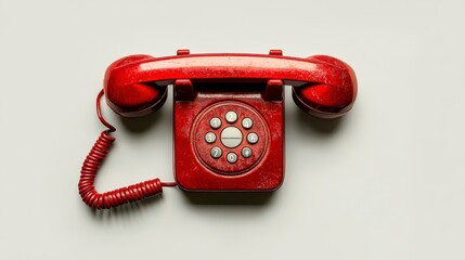 Vintage red rotary phone on white background.