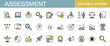 © Rico - Assessment line icons set. Audit, analysis, plan, evaluation, quality process, result and goal. Editable stroke, vector illustration, color