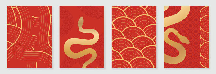 Wall Mural - Chinese New Year 2025 hongbao red envelope design vector. Collection of Chinese festival with flower, snake, lantern, pattern. Elegant oriental illustration for angpao, cover, website, calendar, ads.