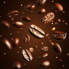 Wall Mural - Floating Coffee Beans on Brown Background