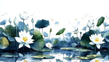 Wall Mural - Elegant Watercolor Painting of Delicate Lotus Flowers in Tranquil Natural Setting Evoking Peace and Serenity in Artistry