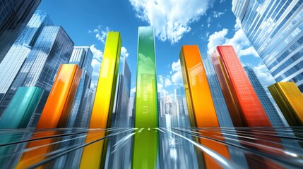 Aufkleber - A D bar graph with tall, glossy pillars in various colors rising from a reflective surface, symbolizing financial growth and performance analysis