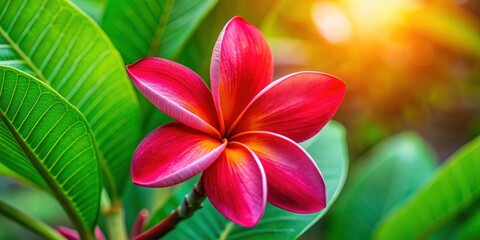 Wall Mural - Red Plumeria flower with vibrant petals , tropical, blooming, nature, garden, exotic, red, vibrant, petals, botany, floral