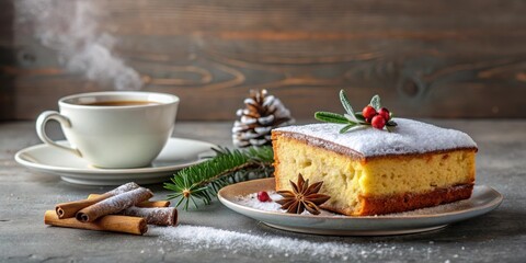 Wall Mural - Winter indulgence Cake with powdered sugar and hot tea , dessert, sweet, cozy, indulgent, treat, baked goods