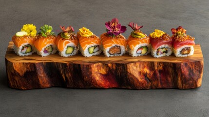 Wall Mural - A colorful salmon sushi platter featuring various rolls, sashimi, and garnishes, artfully arranged on a wooden sushi board, capturing the elegance of Japanese cuisine