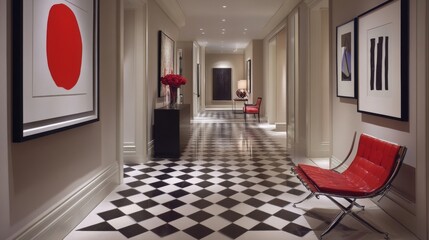 Aufkleber - A contemporary hallway with bold geometric patterns on the floor, sleek furniture, and modern art pieces, creating a stylish and dynamic environment