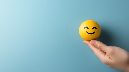 Closeup of person holding a bright yellow smiley face ball, symbol of joy and happiness