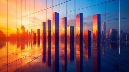 Aufkleber - A dynamic bar graph with tall, shiny bars in blue and orange, standing on a reflective grid, symbolizing financial success and economic performance