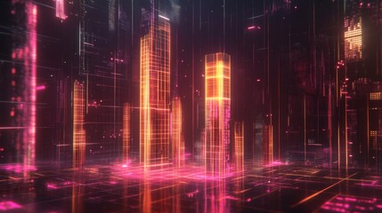 Poster - A futuristic D bar chart with tall, glowing columns and an upward trending arrow, hovering over a dark digital background filled with grid patterns