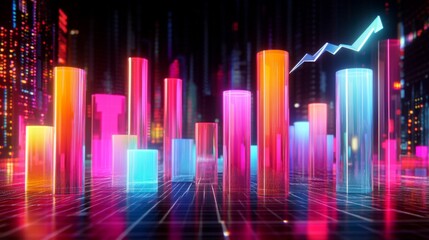 Poster - A futuristic D bar chart with tall, glowing columns and an upward trending arrow, hovering over a dark digital background filled with grid patterns