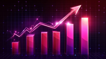 Poster - A futuristic D bar chart with tall, glowing columns and an upward trending arrow, hovering over a dark digital background filled with grid patterns