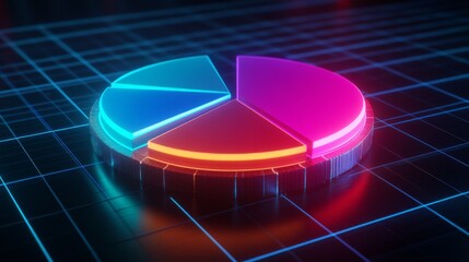 Fototapete - A futuristic D pie chart with floating segments, each glowing with neon lights, set against a dark grid background, representing financial data visualization